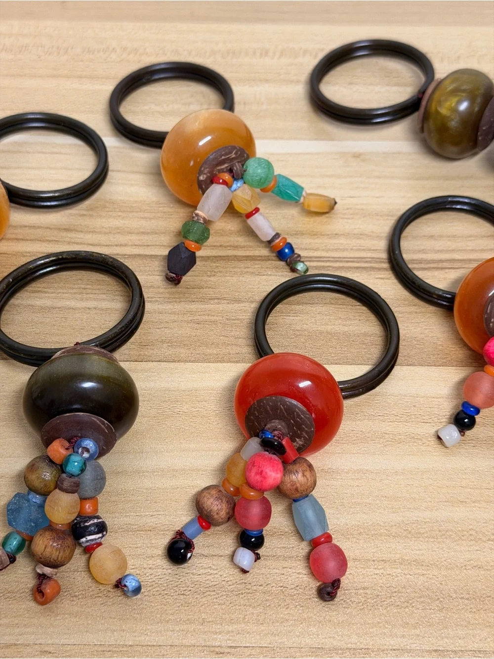 Vintage Pier 1 Beaded Wooden Glass Napkin Rings Kitchen Lot of 6 New Rare